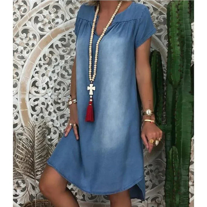 Calvara | Women's Relaxed Fit Denim Summer Dress - Blue - Image 3
