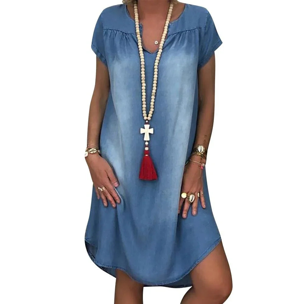 Calvara | Women's Relaxed Fit Denim Summer Dress - Blue - Image 4