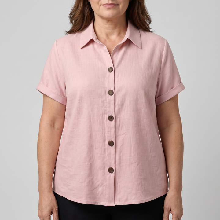 Calveth | Women's Boho Button-Up Blouse Short Sleeve - Light Pink - Image 1