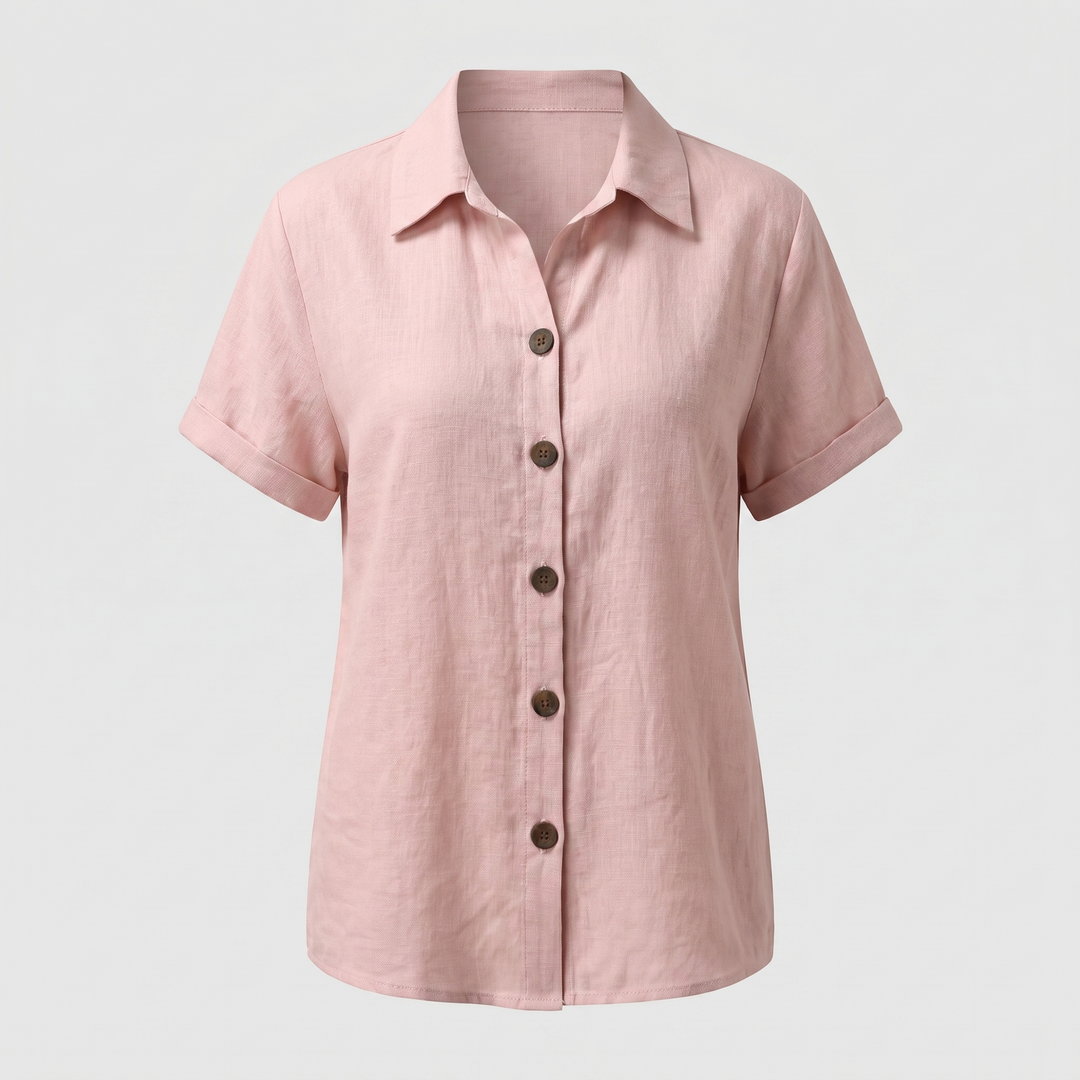 Calveth | Women's Boho Button-Up Blouse Short Sleeve - Light Pink - Image 4