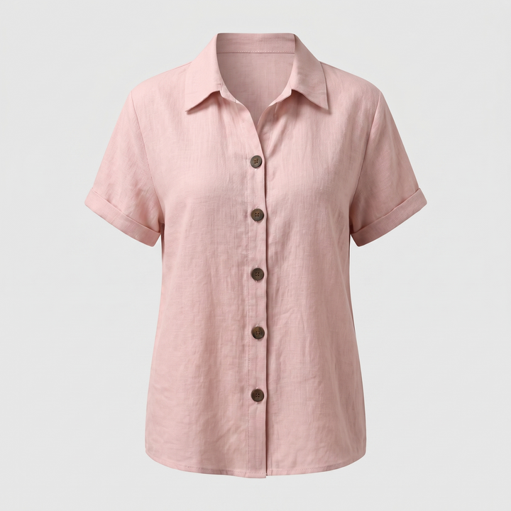 Calveth | Women's Boho Button-Up Blouse Short Sleeve - Light Pink - Image 4