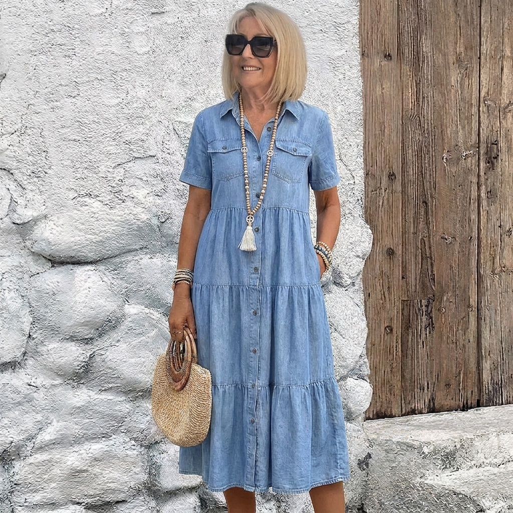 Calveth | Women's Denim Tiered Midi Summer Dress - Light Blue - Image 1