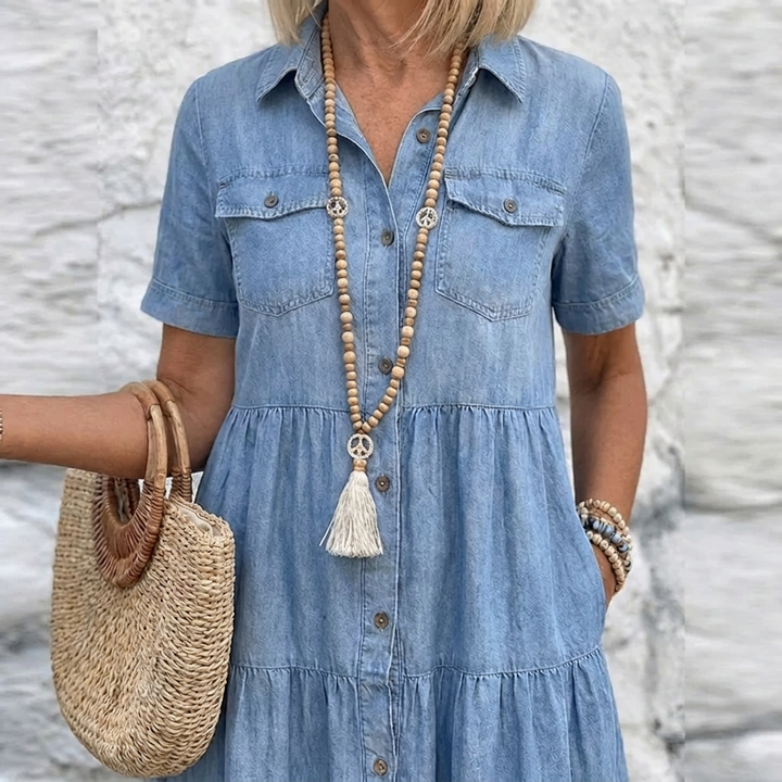 Calveth | Women's Denim Tiered Midi Summer Dress - Light Blue - Image 2