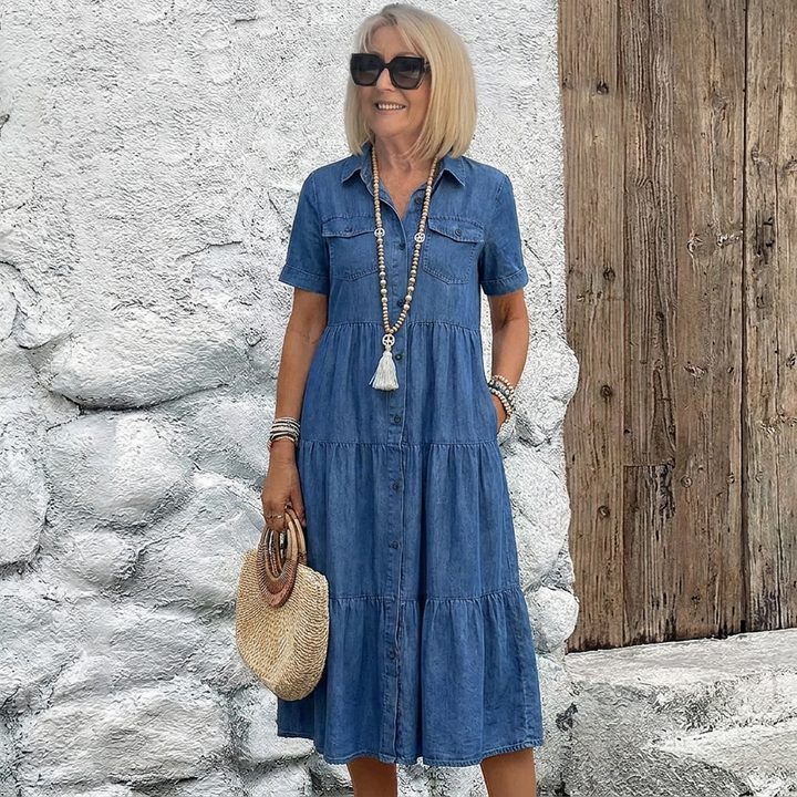 Calveth | Women's Denim Tiered Midi Summer Dress - Light Blue - Image 3
