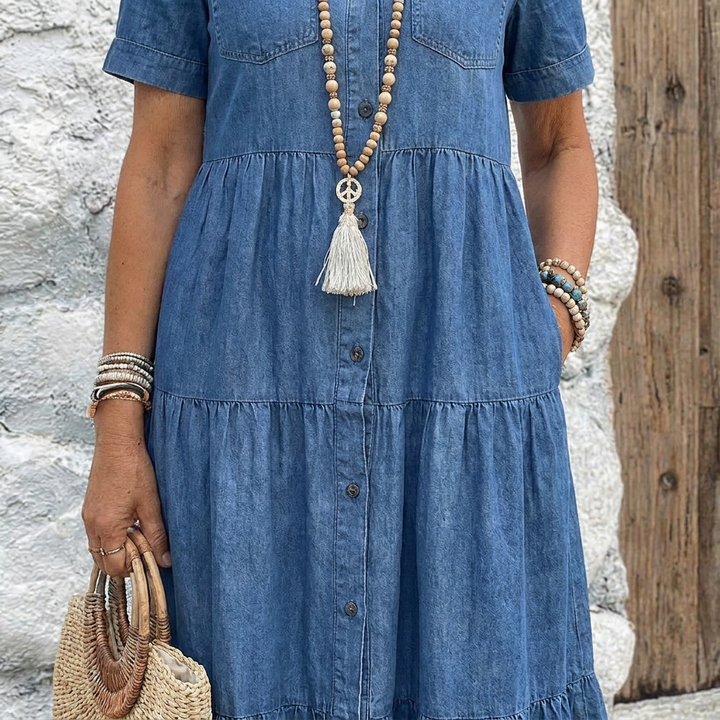 Calveth | Women's Denim Tiered Midi Summer Dress - Light Blue - Image 4