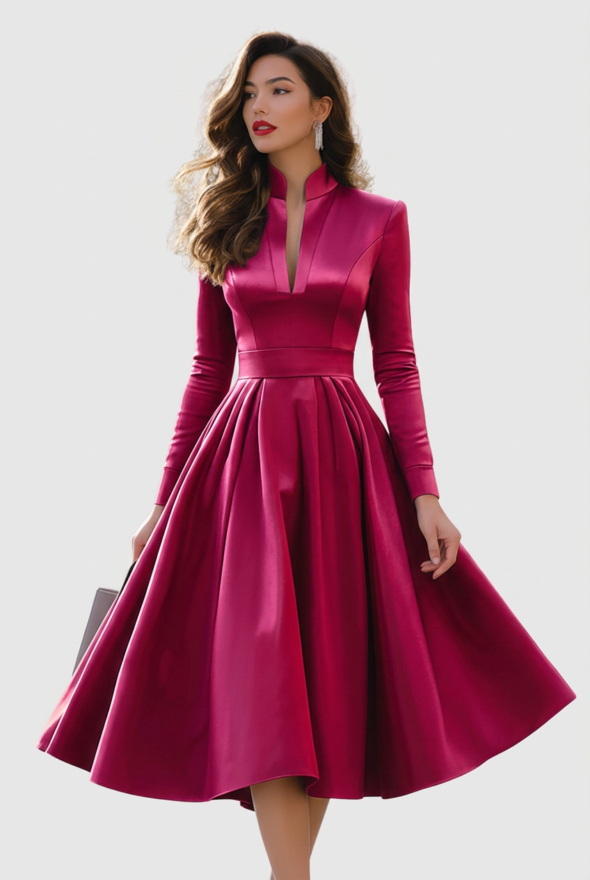 Calveth | Women's Midi Dress Long Sleeve V-Neck - Burgundy - Image 1