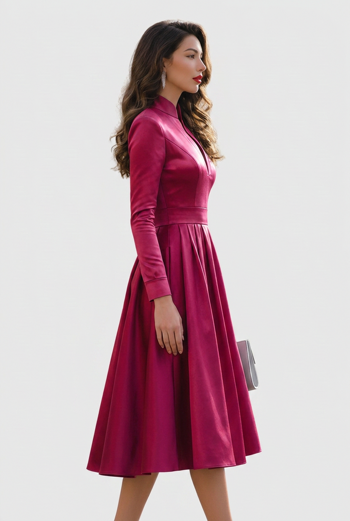 Calveth | Women's Midi Dress Long Sleeve V-Neck - Burgundy - Image 2