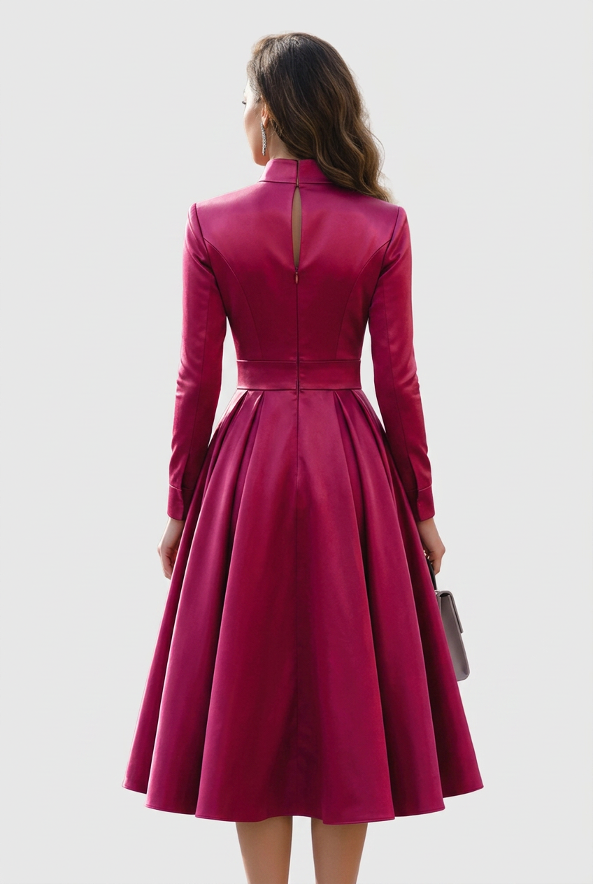 Calveth | Women's Midi Dress Long Sleeve V-Neck - Burgundy - Image 3