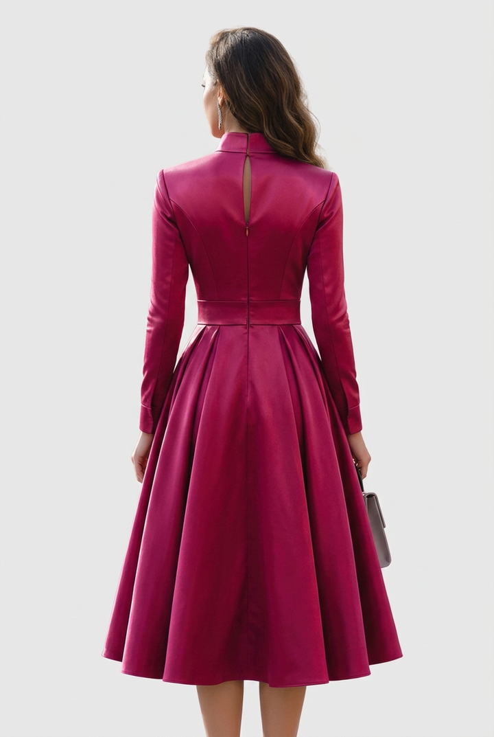 Calveth | Women's Midi Dress Long Sleeve V-Neck - Burgundy - Image 3