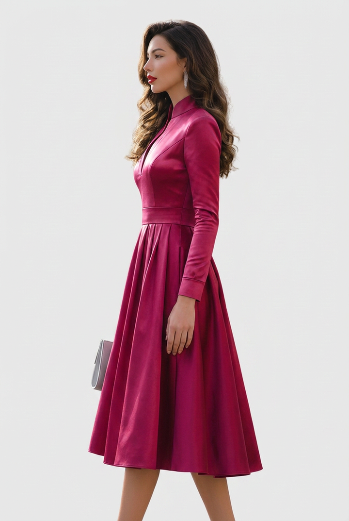 Calveth | Women's Midi Dress Long Sleeve V-Neck - Burgundy - Image 4