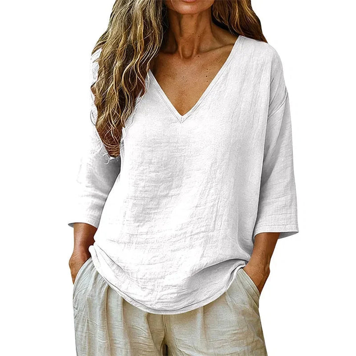 Calveth | Women's Relaxed V-Neck Blouse 3/4 Sleeve - Beige - Image 11