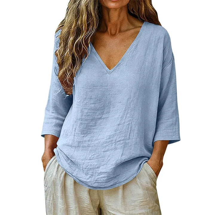 Calveth | Women's Relaxed V-Neck Blouse 3/4 Sleeve - Beige - Image 12
