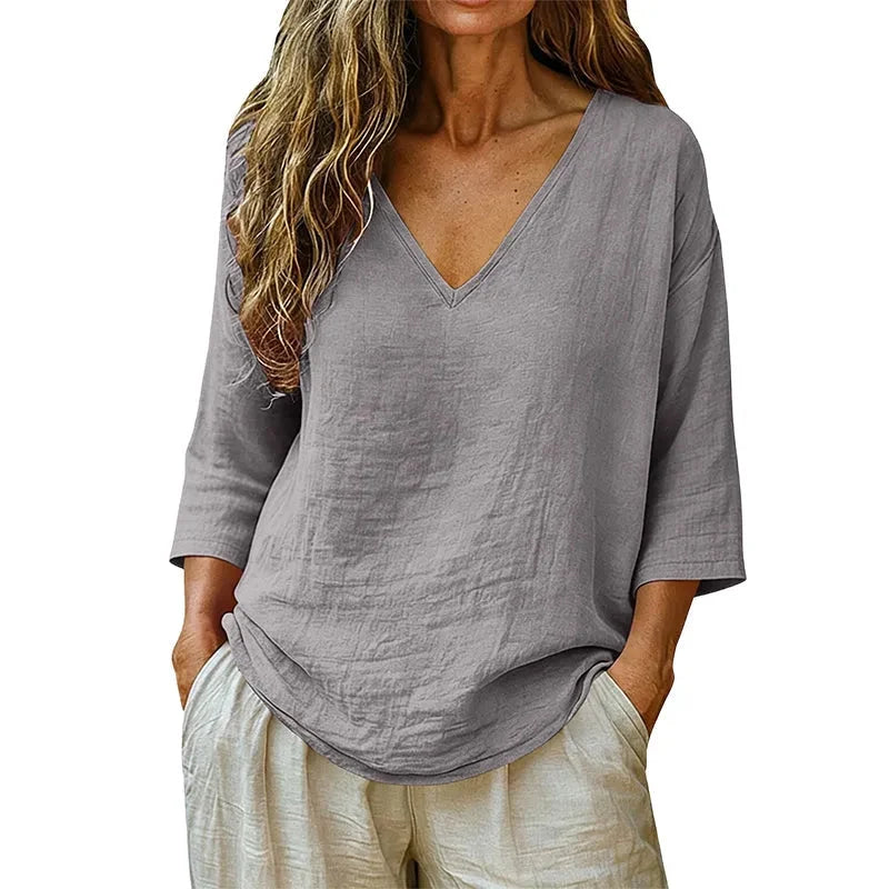 Calveth | Women's Relaxed V-Neck Blouse 3/4 Sleeve - Beige - Image 13