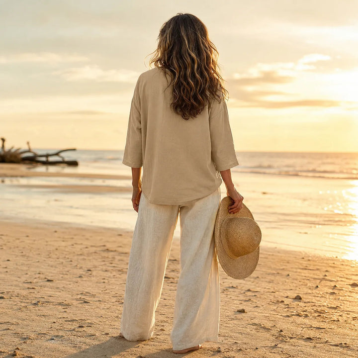 Calveth | Women's Relaxed V-Neck Blouse 3/4 Sleeve - Beige - Image 3