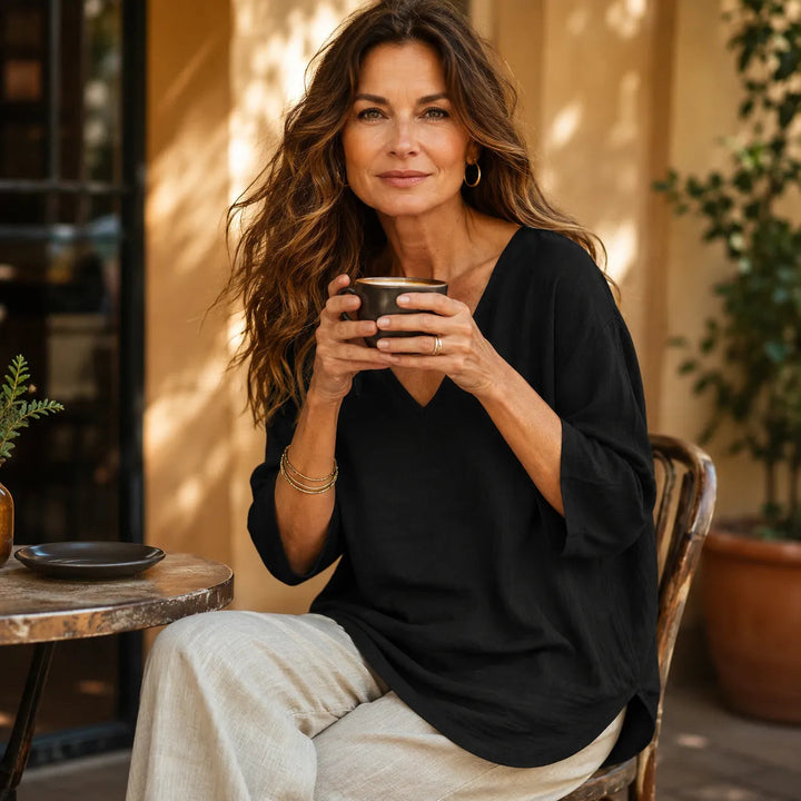 Calveth | Women's Relaxed V-Neck Blouse 3/4 Sleeve - Beige - Image 4