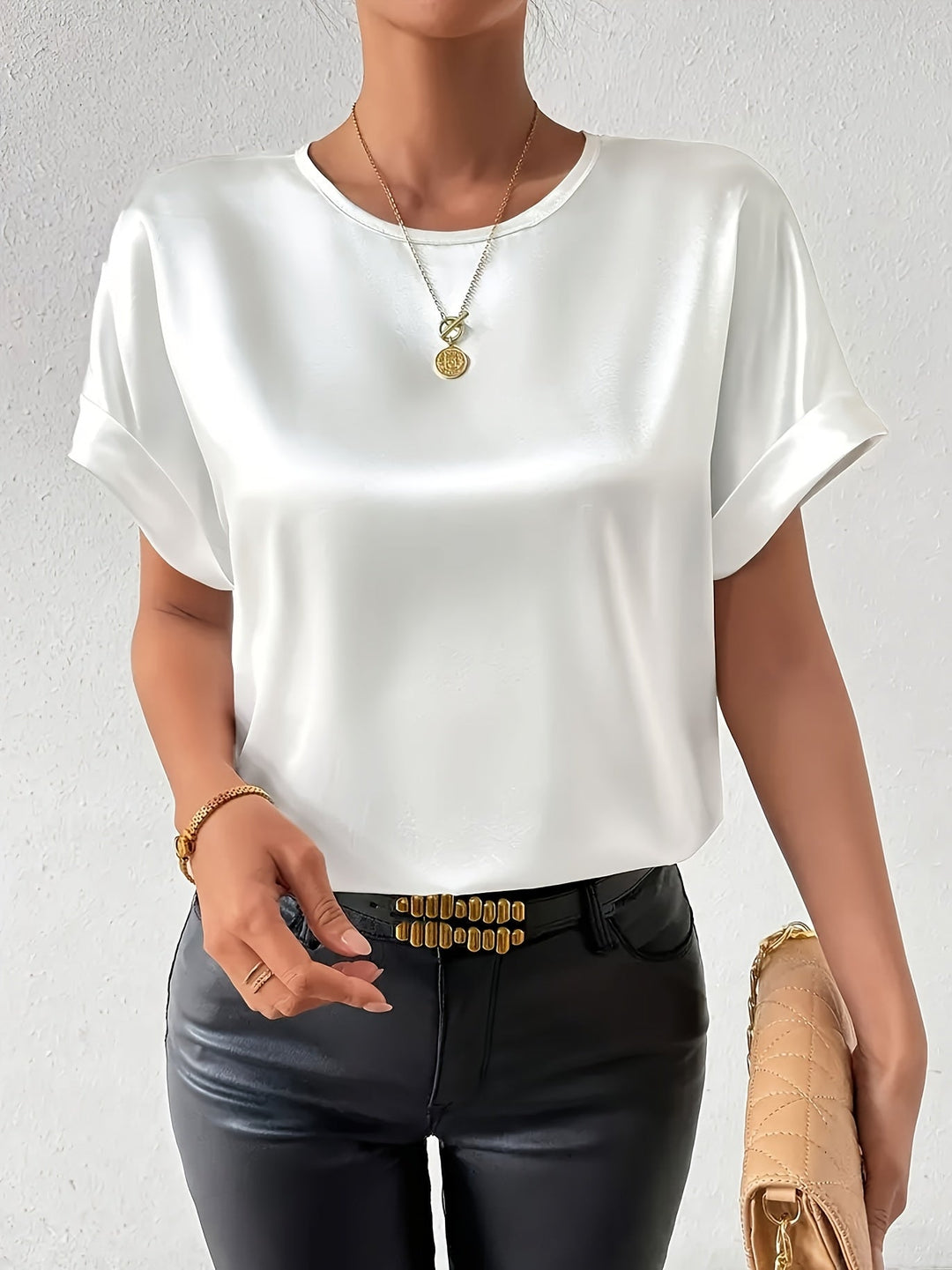 Calveth | Women's Satin Short Sleeve Top - Image 1