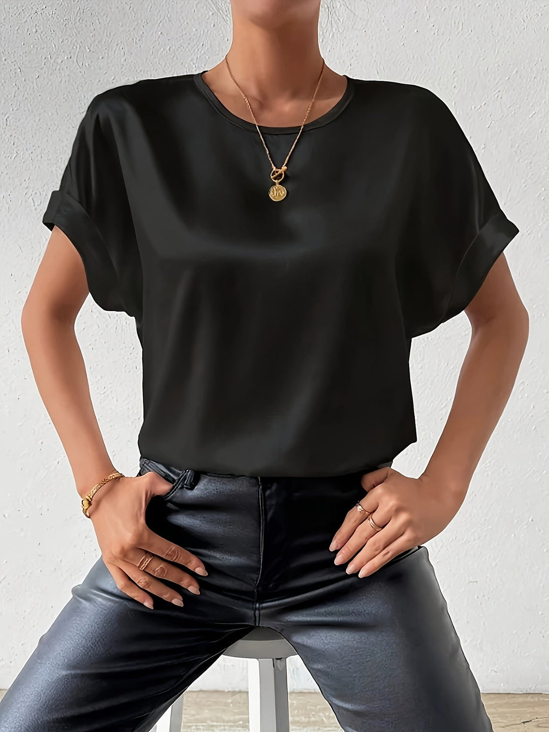 Calveth | Women's Satin Short Sleeve Top - Image 2