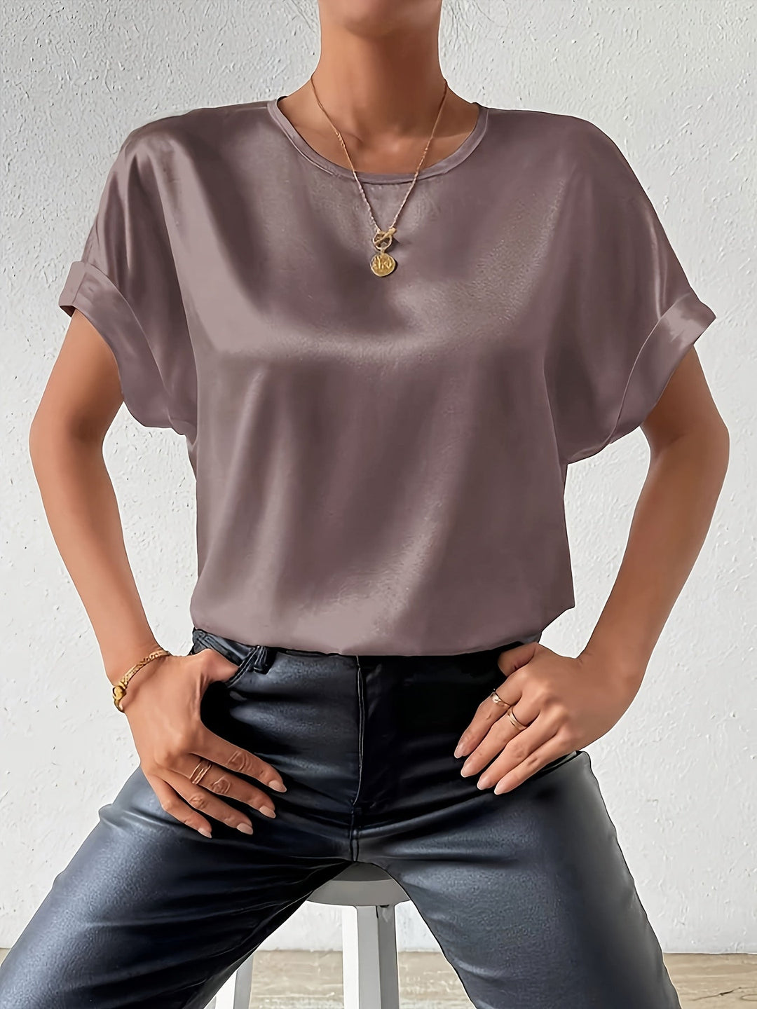 Calveth | Women's Satin Short Sleeve Top - Image 9