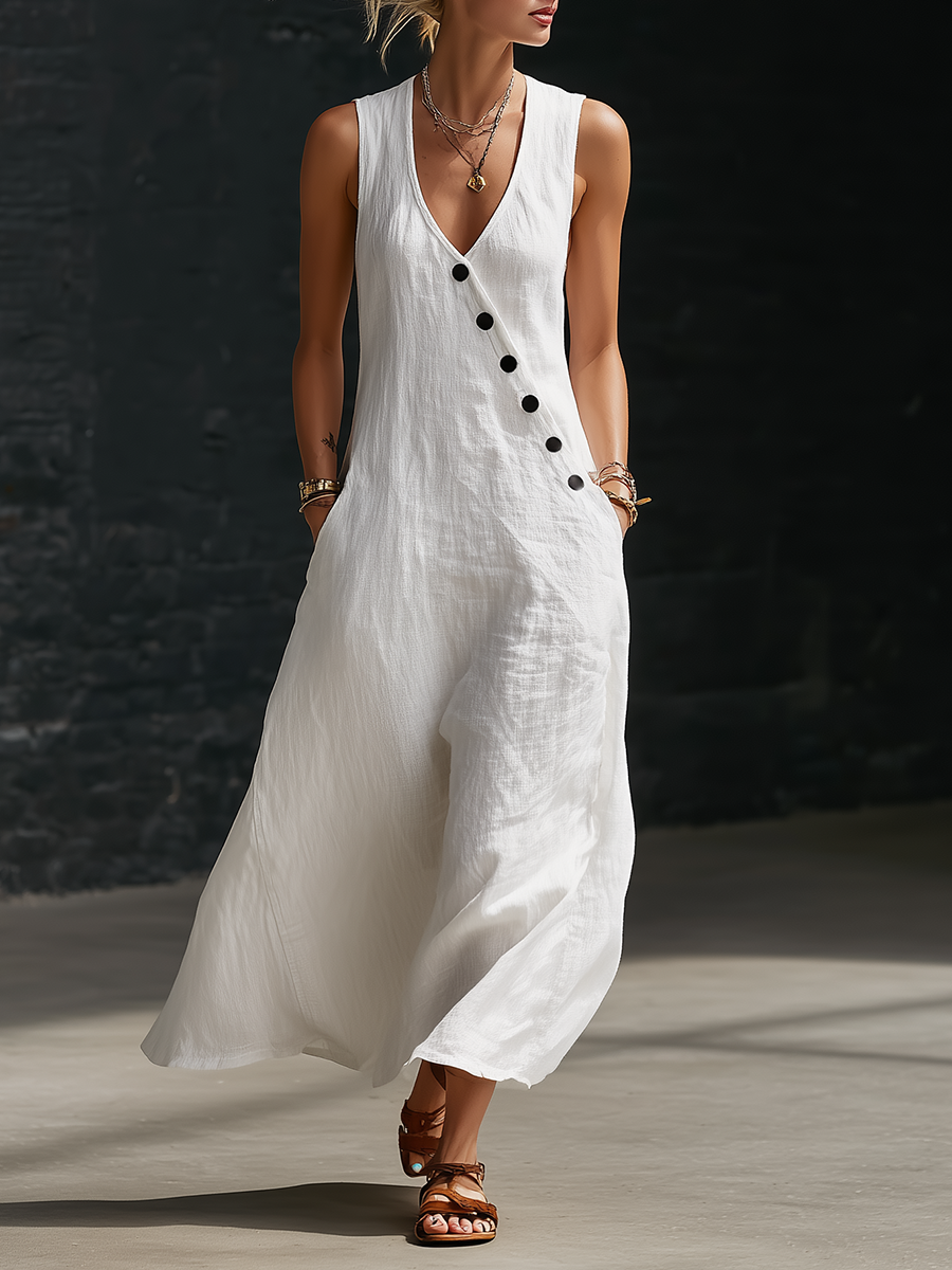 Calveth | Women's Sleeveless Maxi Dress V-Neck - White - Image 1