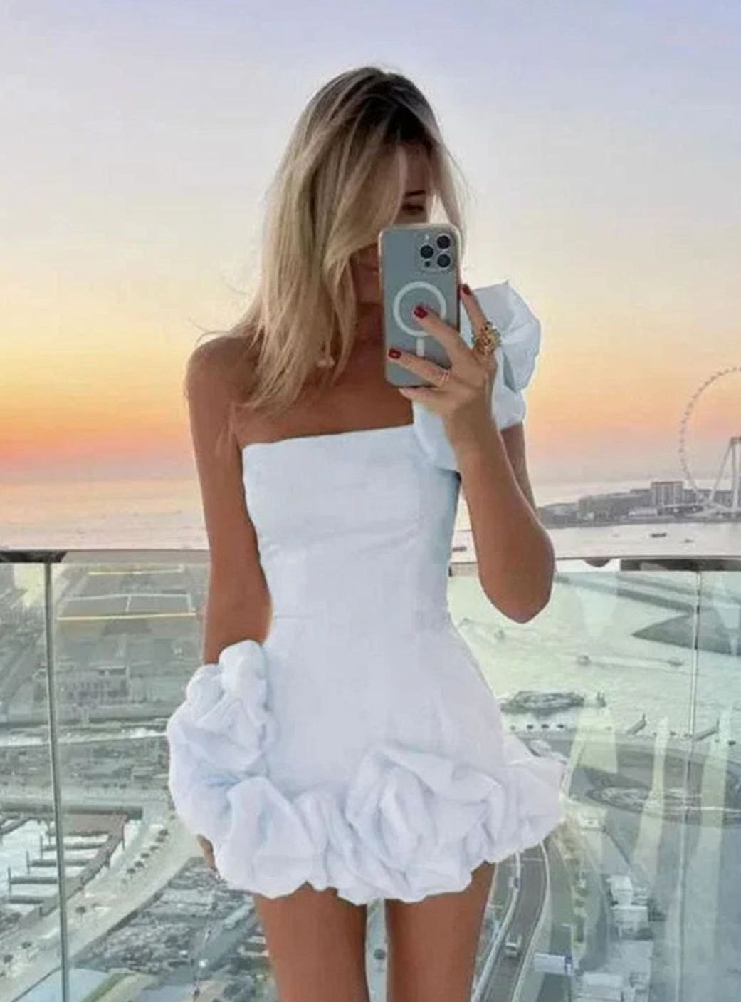 Calveth | Women's Strapless Bubble Hem Mini Dress - White - Image 1