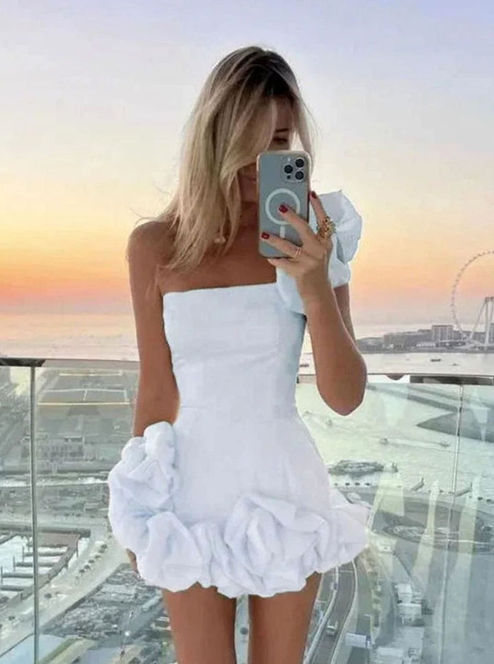 Calveth | Women's Strapless Bubble Hem Mini Dress - White - Image 2