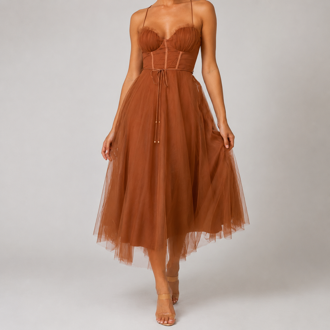 Calveth | Women's Tulle Midi Dress Corset - Pink - Image 3
