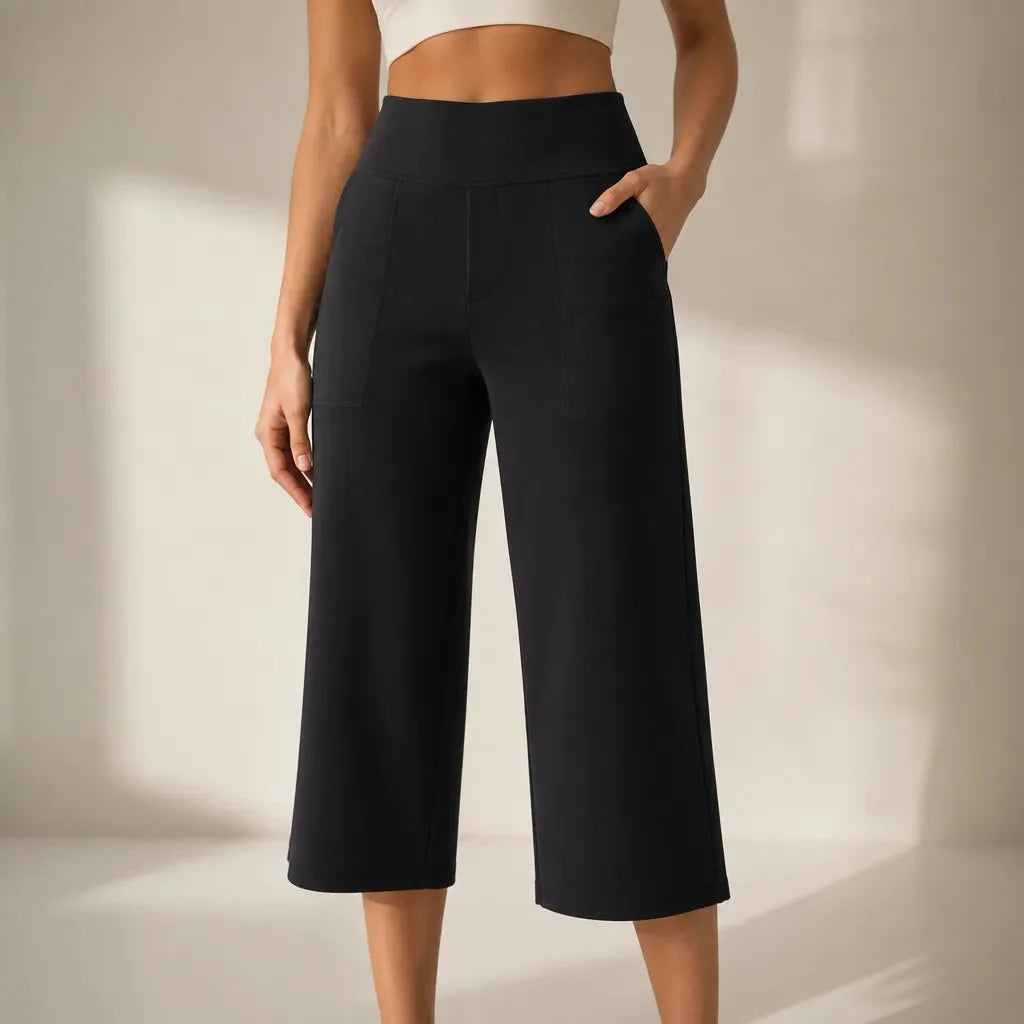 Calveth | Women's Wide Leg Cropped Pants with Pockets - Black - Image 1