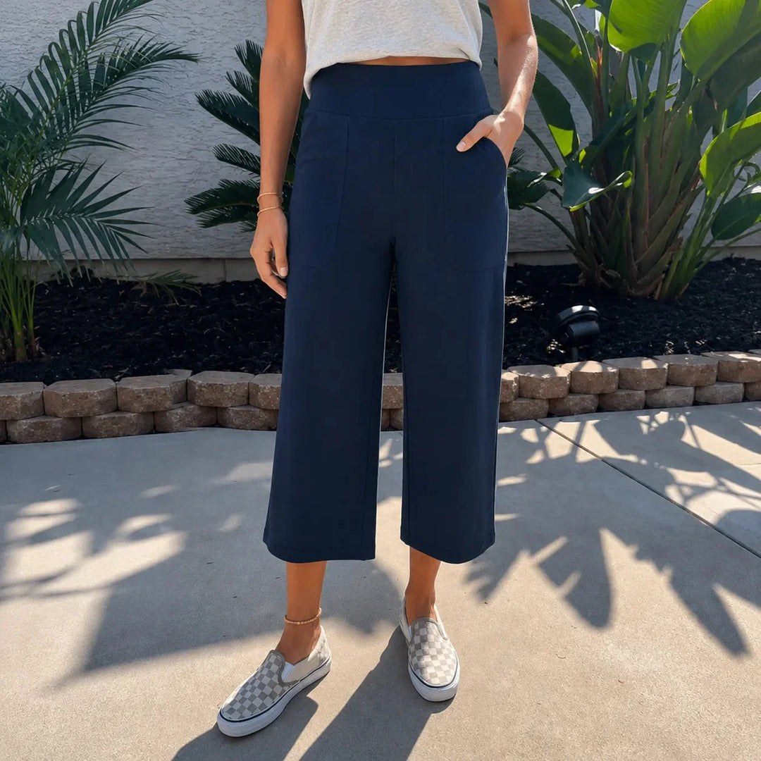 Calveth | Women's Wide Leg Cropped Pants with Pockets - Black - Image 13