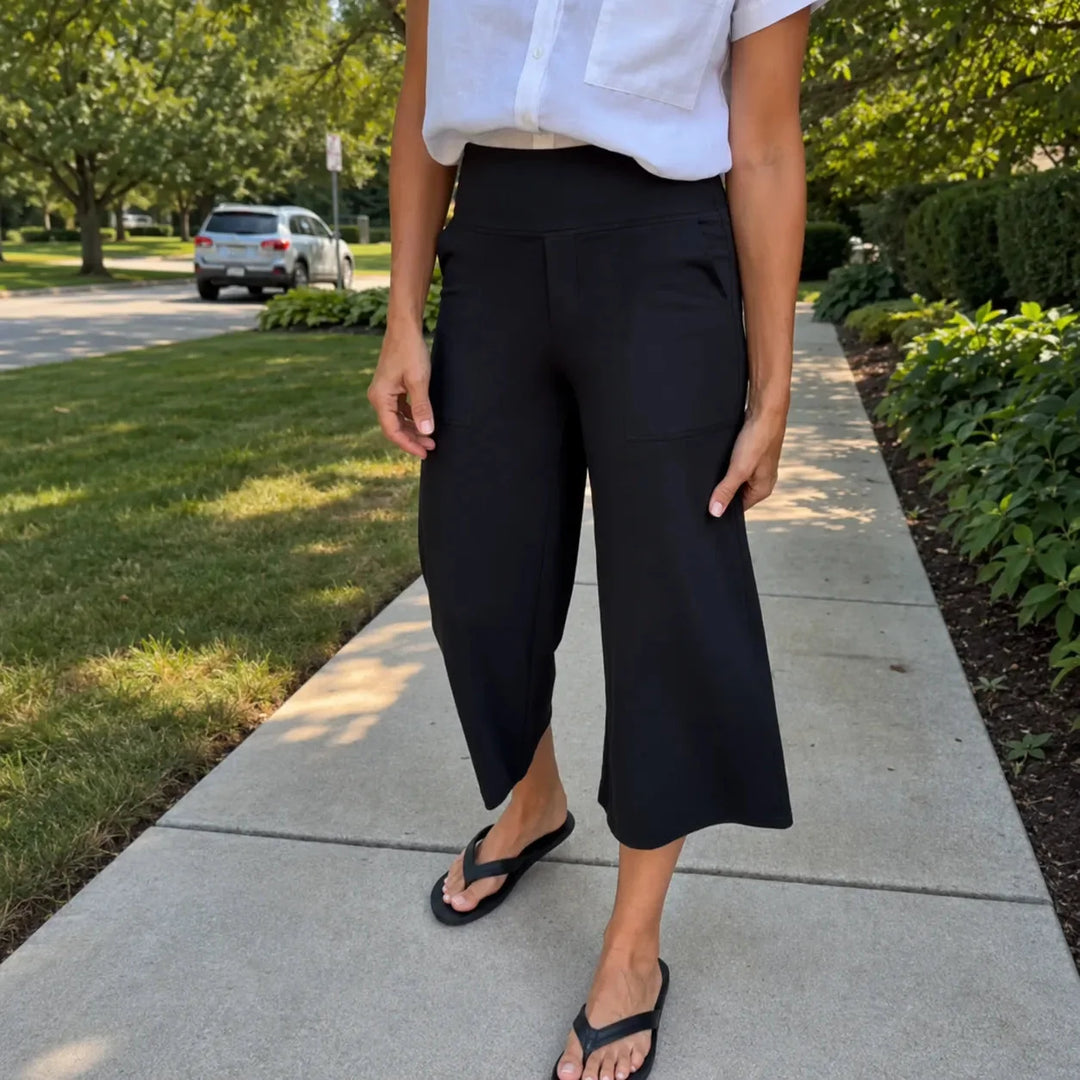 Calveth | Women's Wide Leg Cropped Pants with Pockets - Black - Image 18