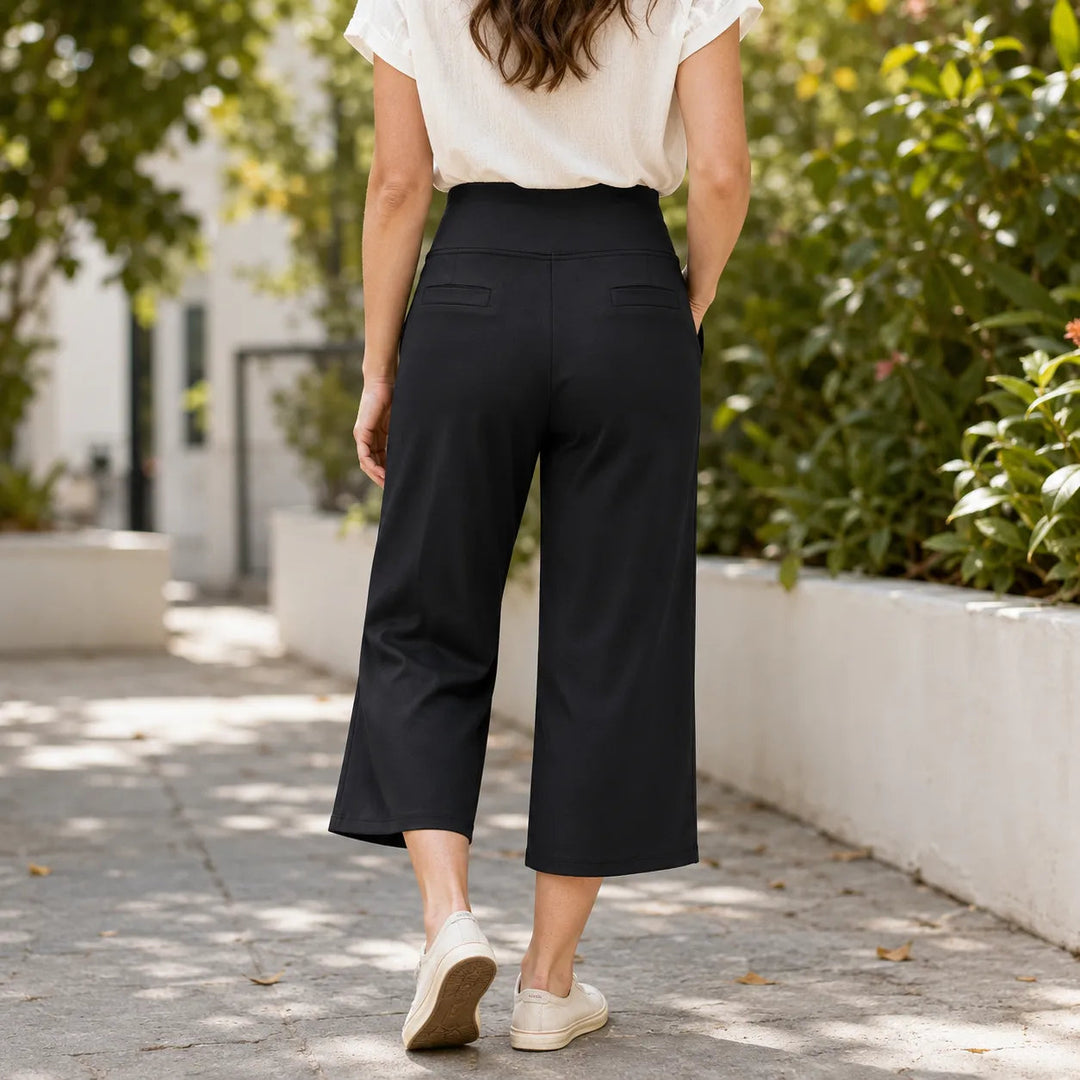 Calveth | Women's Wide Leg Cropped Pants with Pockets - Black - Image 6