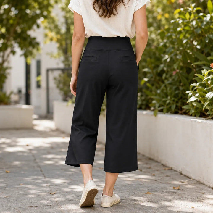Calveth | Women's Wide Leg Cropped Pants with Pockets - Black - Image 6