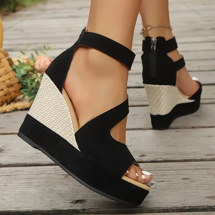Calvina | Women's Black Ankle Strap Wedge Sandals - Black - Image 4