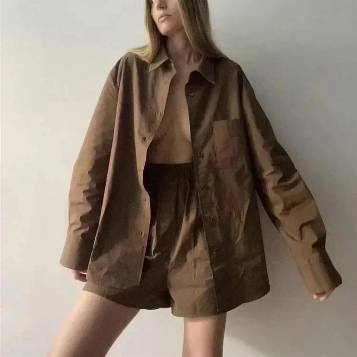 Calvindra | Women's Linen Two-Piece Shirt & Shorts Set - Brown - Image 2