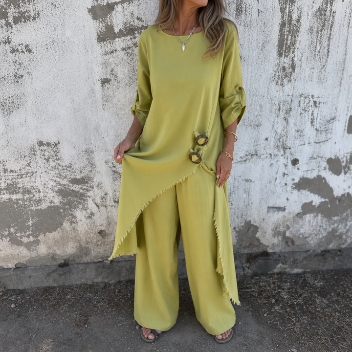 Calvine | Women's Boho Tunic & Wide Leg Pants Set - Olive Green - Image 1