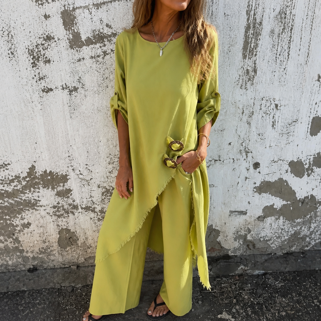 Calvine | Women's Boho Tunic & Wide Leg Pants Set - Olive Green - Image 10