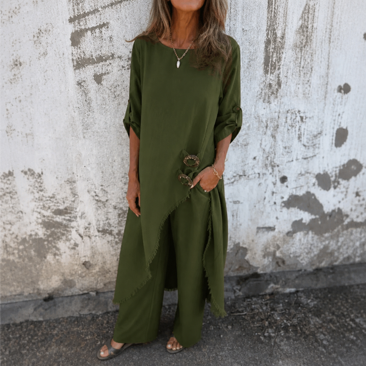 Calvine | Women's Boho Tunic & Wide Leg Pants Set - Olive Green - Image 11
