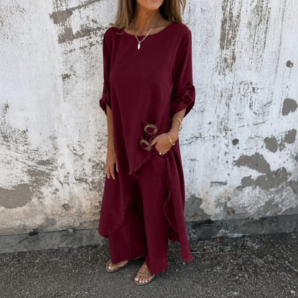 Calvine | Women's Boho Tunic & Wide Leg Pants Set - Olive Green - Image 15