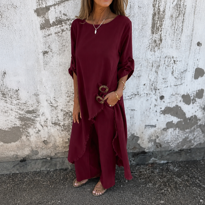 Calvine | Women's Boho Tunic & Wide Leg Pants Set - Olive Green - Image 15