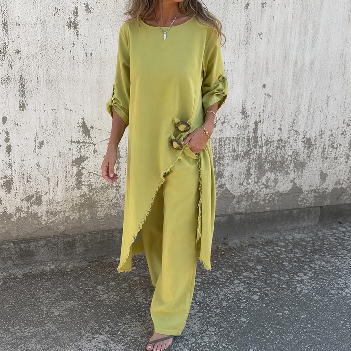 Calvine | Women's Boho Tunic & Wide Leg Pants Set - Olive Green - Image 3