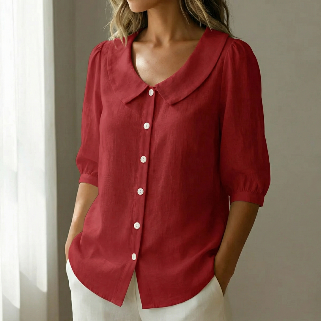 Calvine | Women's Peter Pan Collar Button-Up Blouse - Red - Image 1