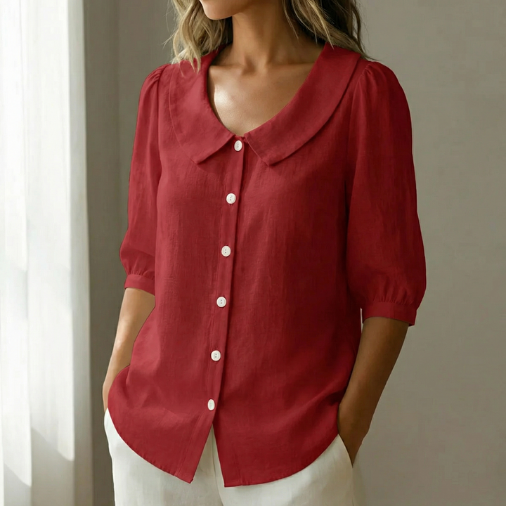 Calvine | Women's Peter Pan Collar Button-Up Blouse - Red - Image 1
