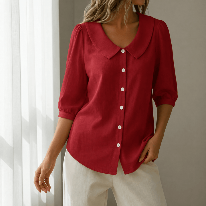 Calvine | Women's Peter Pan Collar Button-Up Blouse - Red - Image 10