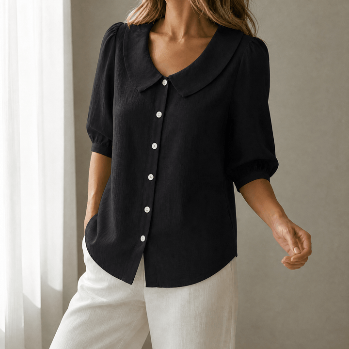 Calvine | Women's Peter Pan Collar Button-Up Blouse - Red - Image 15