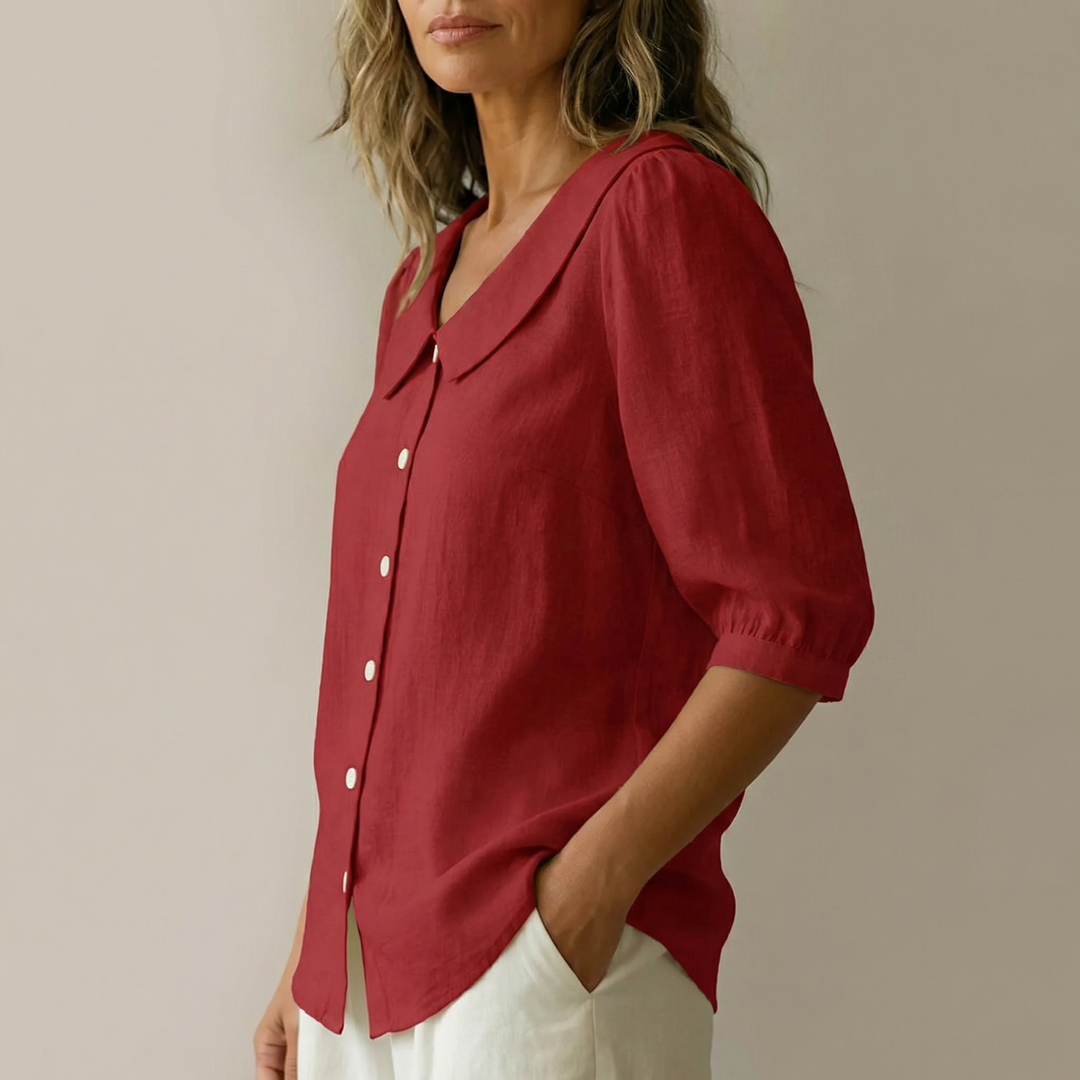 Calvine | Women's Peter Pan Collar Button-Up Blouse - Red - Image 2