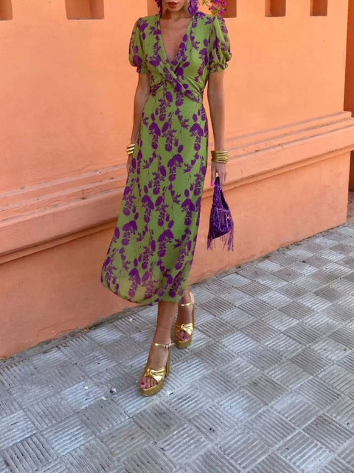 Calvisse | Women's Floral Midi Dress Short Sleeve - Green - Image 1