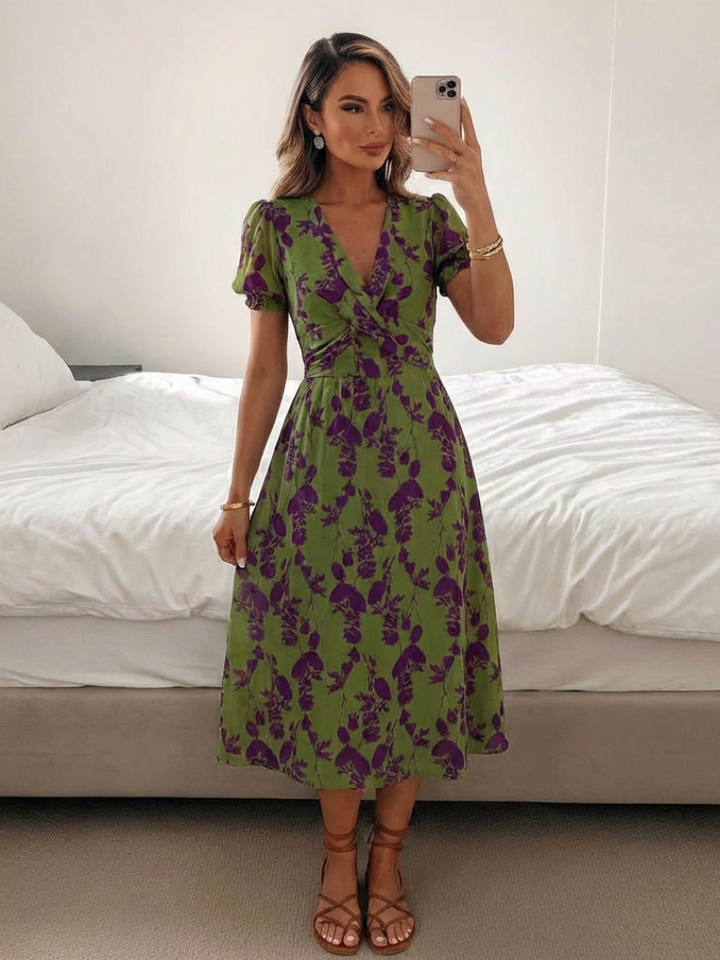 Calvisse | Women's Floral Midi Dress Short Sleeve - Green - Image 5