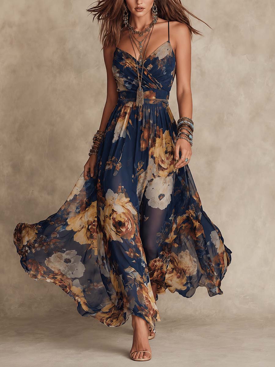 Calvorne | Women's Floral Chiffon Summer Maxi Dress - Navy - Image 1