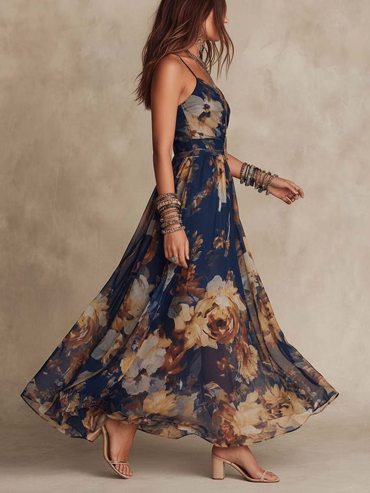 Calvorne | Women's Floral Chiffon Summer Maxi Dress - Navy - Image 2