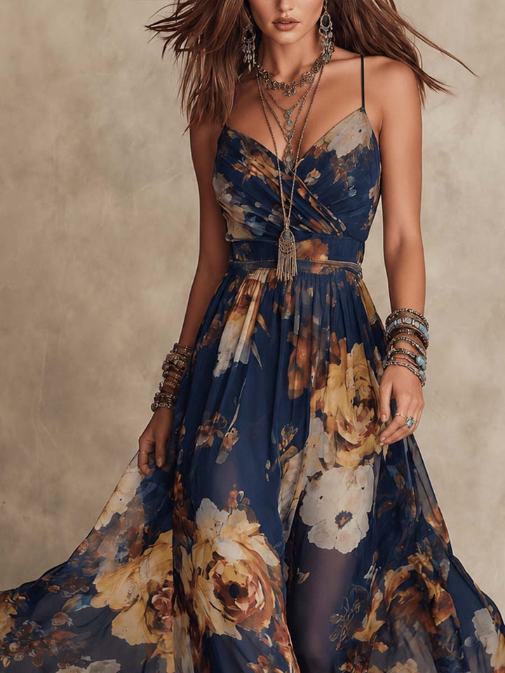 Calvorne | Women's Floral Chiffon Summer Maxi Dress - Navy - Image 4