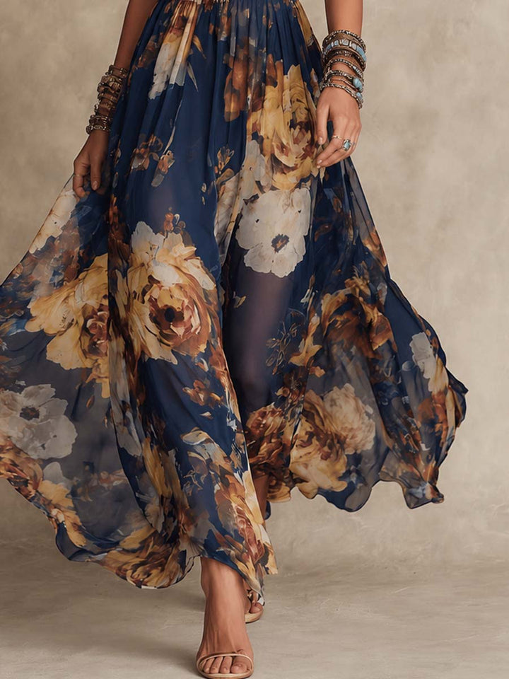 Calvorne | Women's Floral Chiffon Summer Maxi Dress - Navy - Image 5